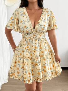 Lyrianda Đầm midi tay bèo họa tiết hoa mùa hè cỡ lớn cho nữ - Nhiều màu - Xem 5