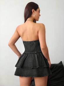 SHEIN ICON 女士蓝色牛仔连衣裙 Y2k 服装性感抹胸连衣裙派对连衣裙情人节连衣裙 - 黑色 - 查看 2