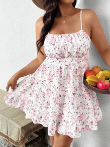 SHEIN Frenchy Vestido de tirantes con volantes y estampado floral para mujer de talla grande, ideal para vacaciones - Multicolor - Ver 1