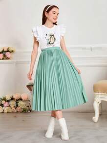 2pcs/Set Teen Girls Casual Ruffle Cap Sleeve T-Shirt & Elastic Waist Pleated Skirt Set - Mint Green - View 1