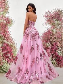 Glamrae Gorgeous Elegant Noble Fashionable Fairy Style Pink Shiny Sequined Mesh Tube Dress, Large A-Line Dress, Suitable For Bachelorette Parties, Wedding Guests, Music Festivals, Vacations, Dances, Formal Dinner Dresses, Party Dress, Evening Dress, Gown,Graduation,Teacher Outfits For Women,Teacher Dress - Pink - View 1