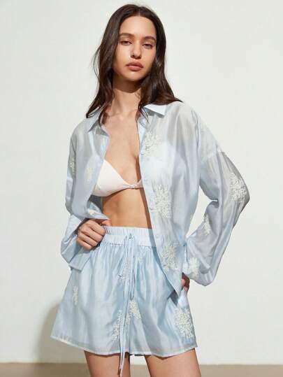 Aveloria Affinna 2pcs/Set Elegant Turn-Down Collar Embroidered Puff Sleeve Loose Top & Drawstring Waist Shorts