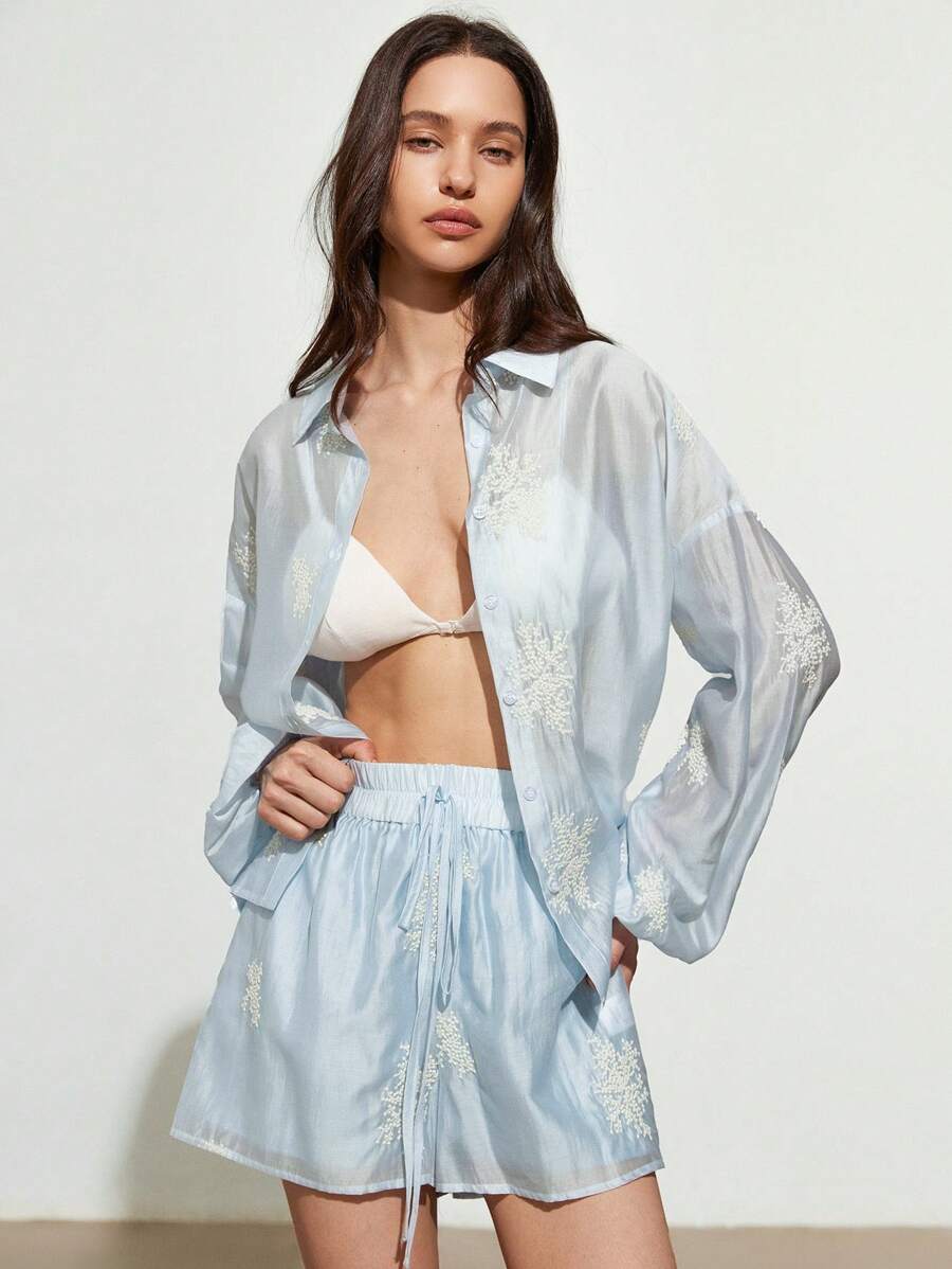 GENKIRA Set de 2 piezas con blusa suelta de manga abullonada con cuello vuelto y bordado elegante, y shorts con cordón en la cintura - Azul - Ver 1