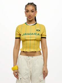 SUMWON WOMEN 牙买加国家队足球服束腰短款上衣球迷服足球运动运动支持者世界杯性能衬衫团队精神服饰 - 黃色 - 查看 1