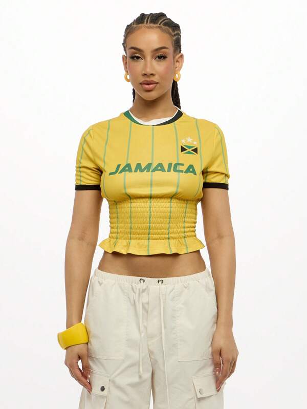 SUMWON WOMEN Jamaica National Team Soccer Jersey Cinched Waist Crop Top Fan Wear Football Sport Athletic Supporter World Cup Performance Shirt Team Spirit Apparel