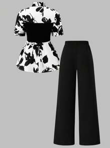 SHEIN Clasi Plus Size Elegant Commuter Color Blocking Print Patchwork Shirt And Trousers Two Pieces Set
