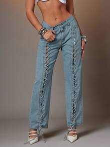 Denimoi Open Front Laced Up Straight Leg Denim Jeans Summer Style Denim On Denim Everyday Wear Streetstyle - Blue - View 1
