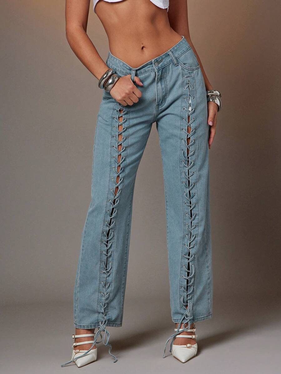 Denimoi Open Front Laced Up Straight Leg Denim Jeans Summer Style Denim On Denim Everyday Wear Streetstyle - Blue - View 1