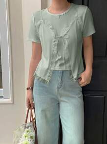 DAZY 女士二合一蕾丝拼接圆领短袖T恤学院风上衣复活节 - 綠色 - 查看 4