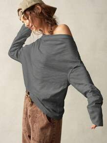 Bohemela Áo thun dài tay cổ thuyền dệt kim màu trơn đơn giản cho nữ - Xám - Xem 7