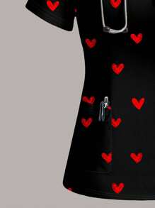 SHEIN Essnce Casual Heart Pattern Short Sleeve Women Healthcare Scrub Uniform Top, Suitable For Summer - Multicolor - View 3