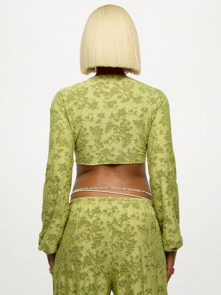 SUMWON WOMEN Women Tops Floral Jacquard Tie Front Long Sleeve Crop Top