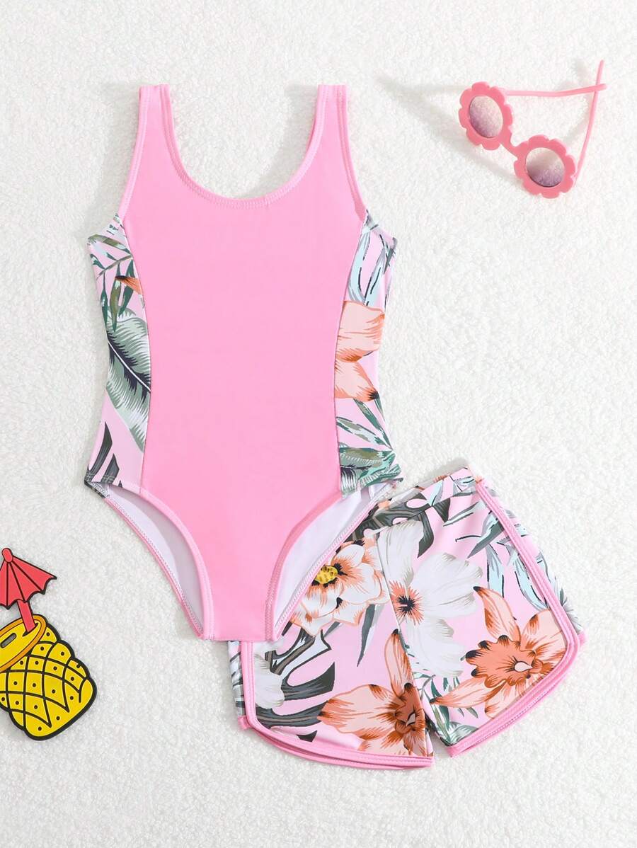 SHEIN Baju Renang Anak Perempuan / Baju Renang Terusan / Baju Renang Bermotif / Set 2 Potong - MultiWarna - View 1