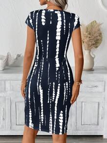 SHEIN LUNE 女士休闲扭结图案全印花修身连衣裙，女士夏季连衣裙蝴蝶结连衣裙，休闲款 - 藍色 - 查看 2