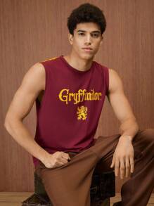 HARRY POTTER X SHEIN Men's Casual Loose Knit Gryffindor Logo Print Color Block Tank Top, Spring/Summer - Burgundy - View 2