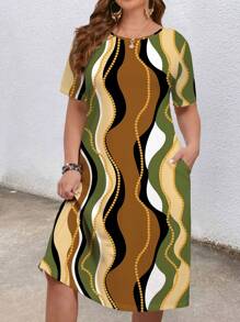 EMERY ROSE Plus Size Women's Wave Striped Geometric Print Crew Neck Country Vacation Dress, Spring/Summer Suitable For Going Out Chic Dress - Multicolor - View 4