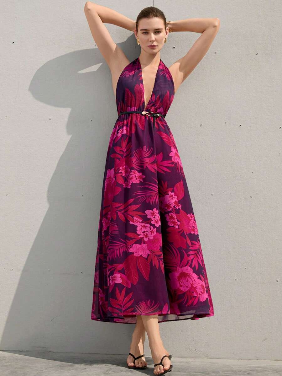 SHEIN Privé Váy xòe hở lưng cổ chữ V họa tiết hoa phong phú, chất liệu vải chiffon thoải mái, kiểu Pháp thanh lịch & tinh tế dành cho nữ, đơn giản & sang trọng - Nhiều màu - Xem 1