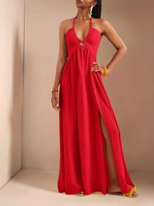 Zivah 新款春夏休闲假日露背露肩胸围、腰围和后背摆裙，前部高开叉至大腿，黄色海条纹女式超长连衣裙-B - 紅色 - 查看 4