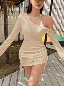 DAZY Áo khoác đi biển mùa hè cho nữ, kiểu dáng lệch vai, xếp ly, buộc dây, gợi cảm, xuyên thấu, tay dài, thích hợp cho kỳ nghỉ. - Màu be - Xem 4