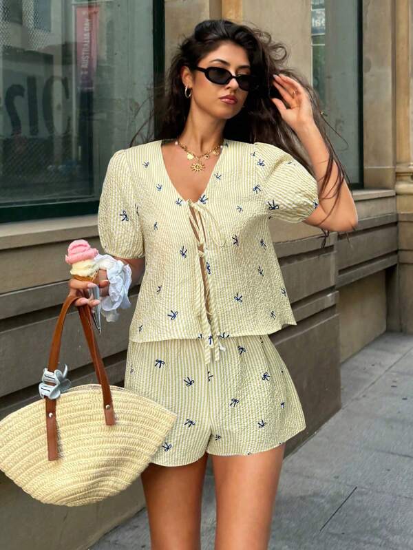 Serisse 2pcs/Set Women Bowknot Printed V-Neck Short Sleeve Top & Shorts