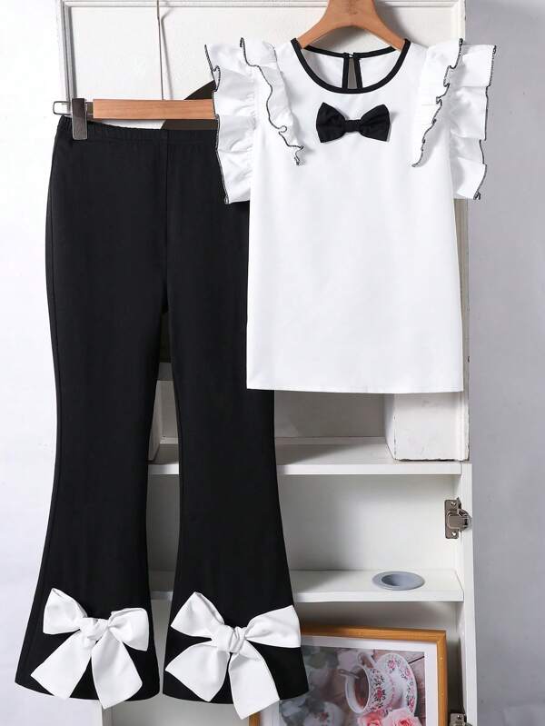 Zestaw 2 części - Top z bufiastymi rękawami i okrągłym dekoltem z kokardą dla dziewcząt w wieku nastoletnim i rozkloszowanymi spodniami z kokardą