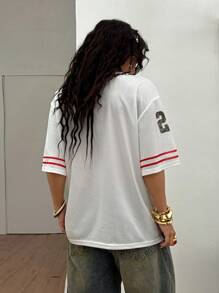 Coolane Women's Summer Drop Shoulder Oversized V-Neck Football Jersey T-Shirt With Letter Print,Couple Same Style - White - View 3