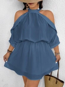 SHEIN Frenchy Plus Size Navy Blue Mini Dress: Casual Halter Neck Cold Shoulder Dress With Three-Quarter Sleeves And Cut-Out Details For Summer - Navy Blue - View 2