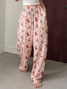 DAZY Striped Cartoon Pattern Print Loose Straight Leg Pajama Bottoms - Pink - View 5