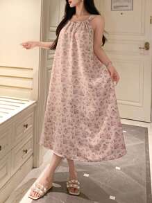 DAZY Textured Ditsy Floral Ruched Halter Nightgown Pajama - Pink - View 4