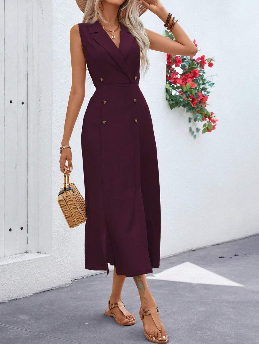 SHEIN Clasi 女士夏季纯色翻领双排扣长款无袖通勤连衣裙长款女装 - 紫紅色 - 查看 1