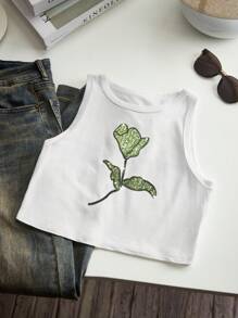 SHEIN Shiny Bead Embroidered Rose Graphic Cropped Tank Top - White - View 3