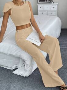 Chiquease 2 piezas Conjunto informal de blusa de hombros con volantes y cuello redondo de unicolor, y pantalón ancho plisado para mujer en verano