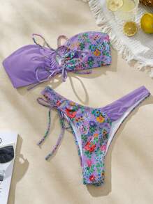 SHEIN Swim Set Baju Renang Bikini Patchwork Motif Bunga Kecil untuk Wanita, Cocok untuk Liburan Pantai di Musim Panas - MultiWarna - View 5