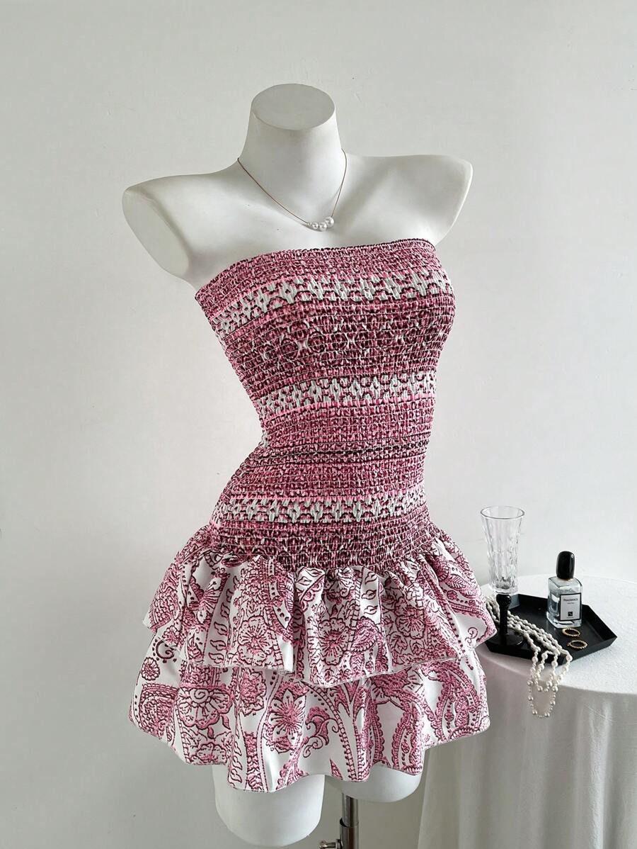 Elamini Women's Floral Print Ruffled Hem Tube Mini Vacation Dress - Pink - View 1