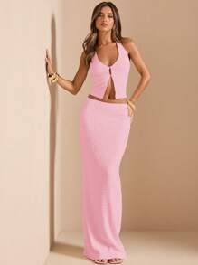 SHEIN BAE 2pcs/Set Women Summer Solid Deep V-Neck Halter Top & High Waisted Long Skirt, Vacation White Outfit Honeymoon Outfits Woman - Pink - View 5
