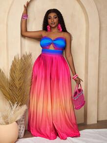 Slaydiva 2025 Women's Gradient Print Sleeveless Pleated Ruched Off Shoulder Wide Leg Jumpsuit For Summer Beach - Multicolor - View 4