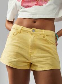MISSGUIDED Denim Mini Shorts High Rise Casual Summer Cotton Twill Lemon Color Perfect For Beach Vacation Festival Streetwear Everyday Basic
