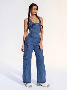 SHEIN EZwear 女士休闲洗水牛仔连身裤 - 深色水洗藍 - 查看 3