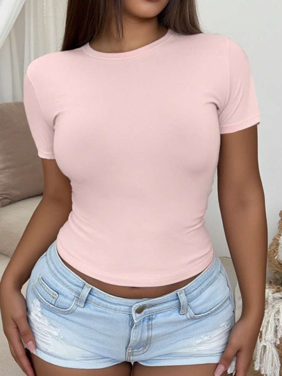 INAWLY Plus Size Simple Solid Color Short Sleeve T-Shirt, Casual & Versatile - Pink - View 1