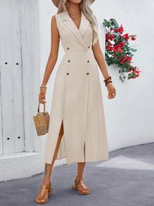 SHEIN Clasi Ladies' Summer Solid Color Lapel Double-Breasted Long Sleeveless Commute Dress Maxi Women Outfit - Apricot - View 6