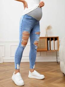 SHEIN Adjustable Waist Ripped Skinny Maternity Jeans, Casual & Versatile - Medium Wash - View 7