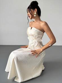 Firerie Women Elegant Embellished Floral Halter High Waist A-Line Dress, Suitable For Party, Wedding, Vacation, Summer Dresses For Wedding Event - Apricot - View 6