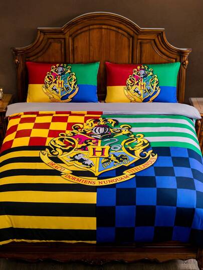 HARRY POTTER X SHEIN 3pcs Bedding Set (1 Duvet Cover & 2 Pillowcases), Plaid & Stripe Printing, Warm & Soft, Gryffindor, Ravenclaw, Hogwarts Style, Suitable For Dorm And Home