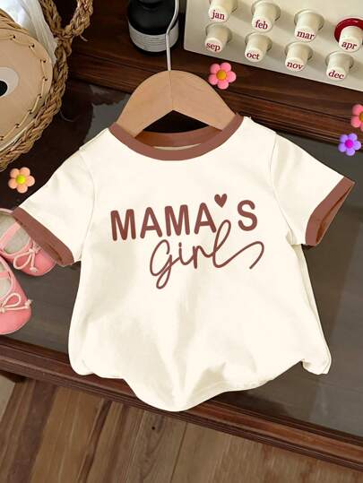 SHEIN Mama's Girl ❤ Baby Girl Casual Simple Chocolate Tone Short Sleeve Round Neck Top, Suitable For Summer