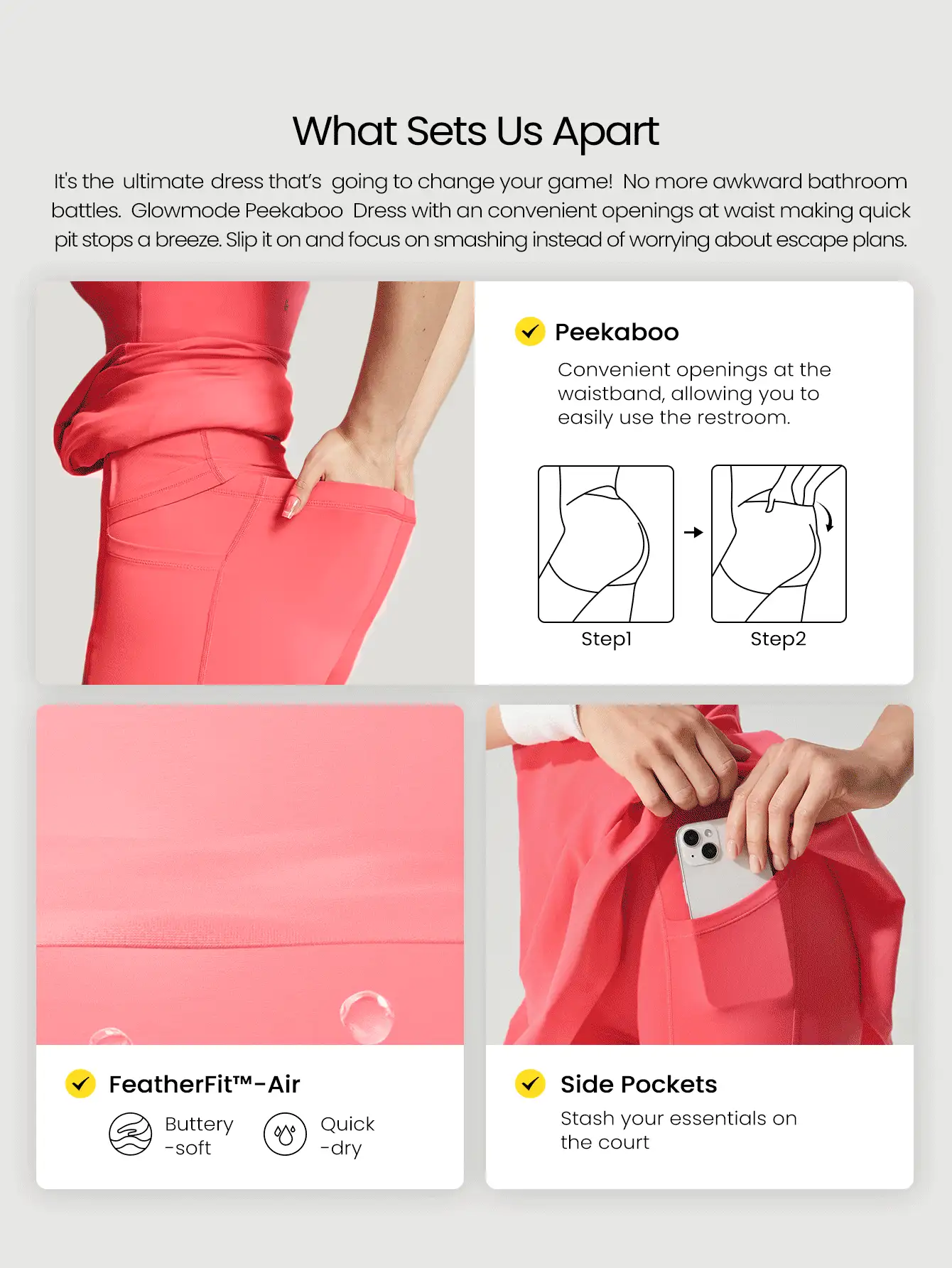Vestido mini con bolsillo incorporado, escote de pañuelo, diseño antideslizante cruzado, con suave apoyo, secado rápido y control de humedad, ideal para primavera y verano (FeatherFit™-Air Peekaboo)