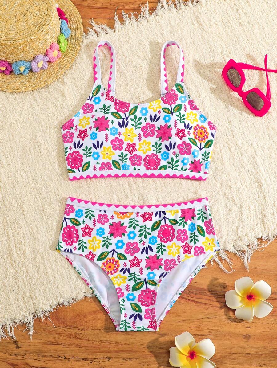 2pcs/Set Teenage Girls Multi-Color Ditsy Floral Teeth-Edge Shoulder Strap Bikini Swimsuit Set, Suitable For Beach, Pool, Party - Multicolor - View 1
