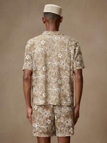 2 件男士杏色花卉刺绣针织短袖衬衫和松紧腰直筒短裤套装，休闲装，适合夏季、度假、日常装、派对、情侣装、礼物 - 摩卡棕 - 查看 5