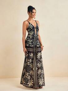 JIAN LASALA 女士多色印花露背性感吊带无袖长裙，适合夏季度假、晚宴、婚礼宾客等场合，尽显奢华时尚。优雅的伊比沙岛风情，印花连衣裙，沙滩派对装扮，女士沙滩装扮。 - 彩色 - 查看 3