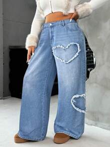 SHEIN EZwear 大码蓝色牛仔裤，性感街头风格直筒裤，心形设计