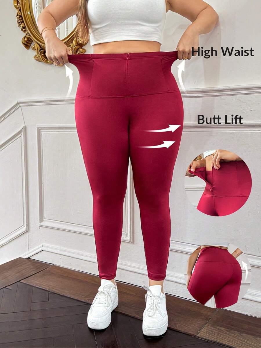 SHEIN Privé 大码女式百搭百搭纽扣高腰拉链紧身裤，黑色；高弹力修身紧身裤